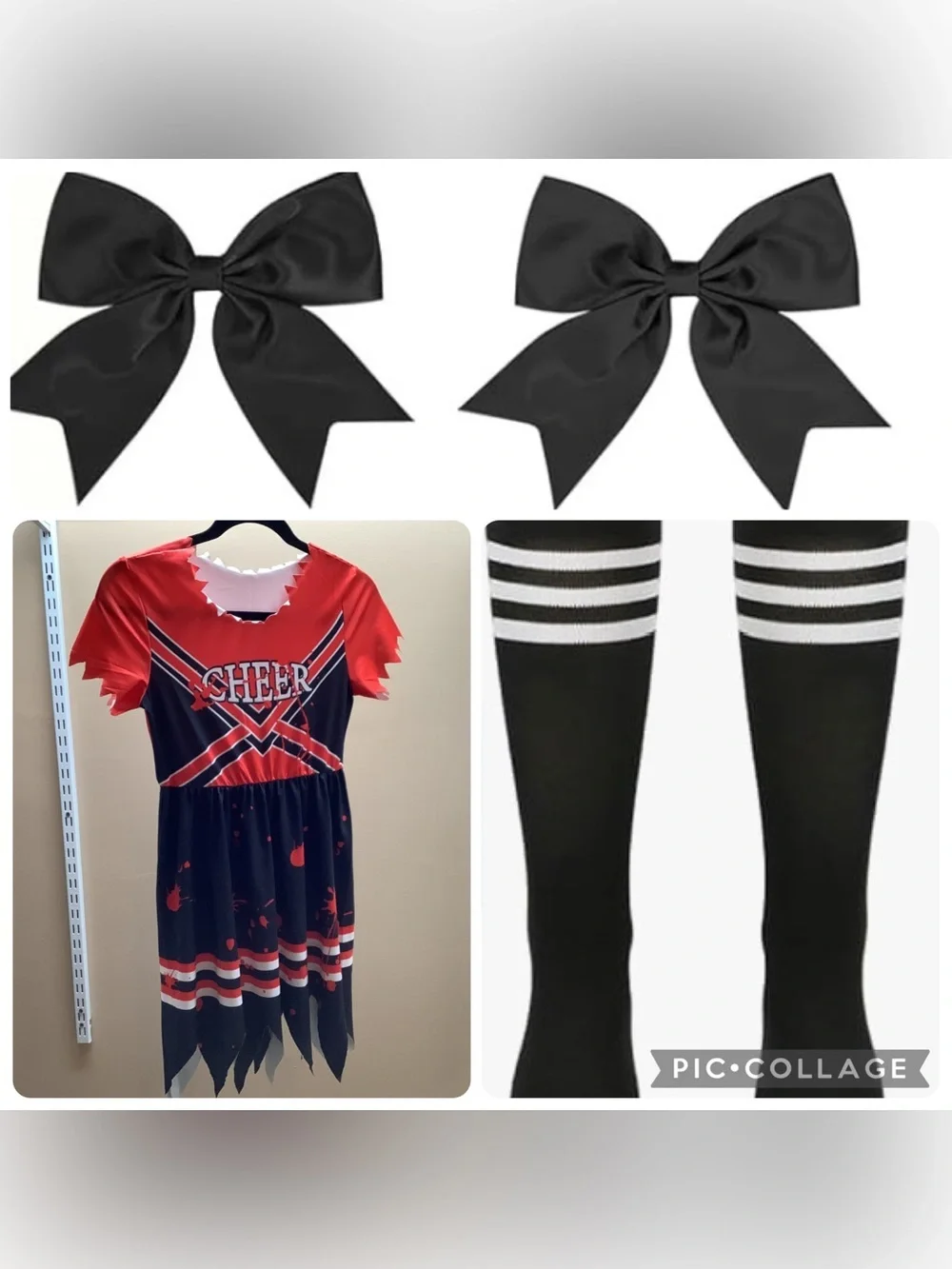 Girls Size 9-10 Zombie Cheerleader Costume Set W/Hair Bows & Striped Knee Socks